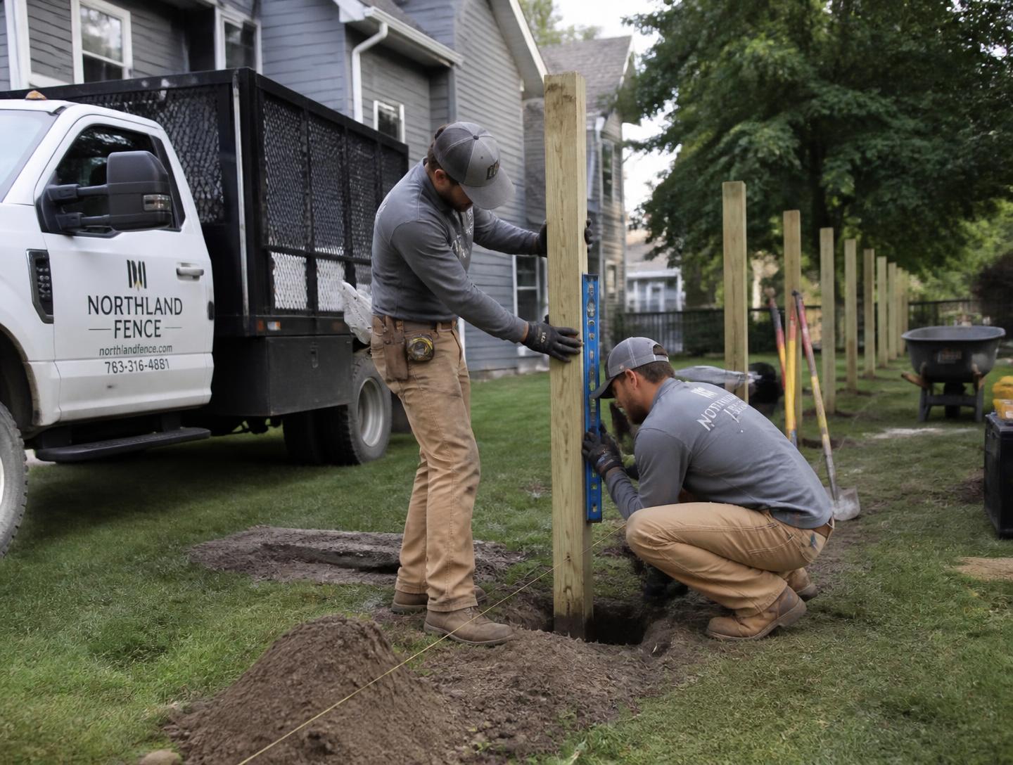 Fence installer setting a post on a residential job site