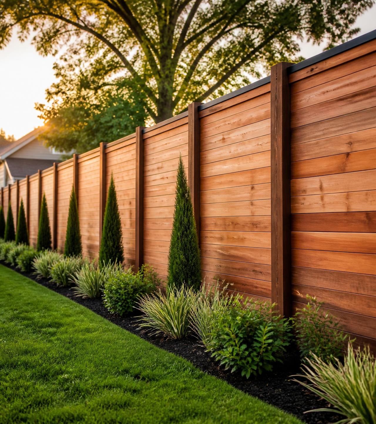Wood privacy fence along a landscaped backyard at golden hour